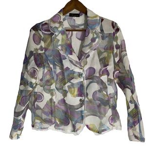 Y.R. Imports Floral Purple, Plum White, Blue Long Sleeve Semi-Sheer Blouse Sz